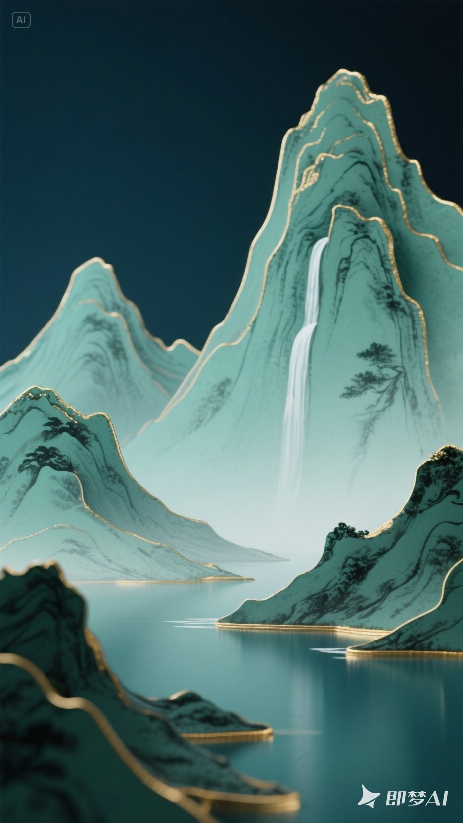 jimeng-2025-07-02-4713-轻奢主义，大面积的空白，山,透视美学，黛绿色，柔和的渐变色.jpeg