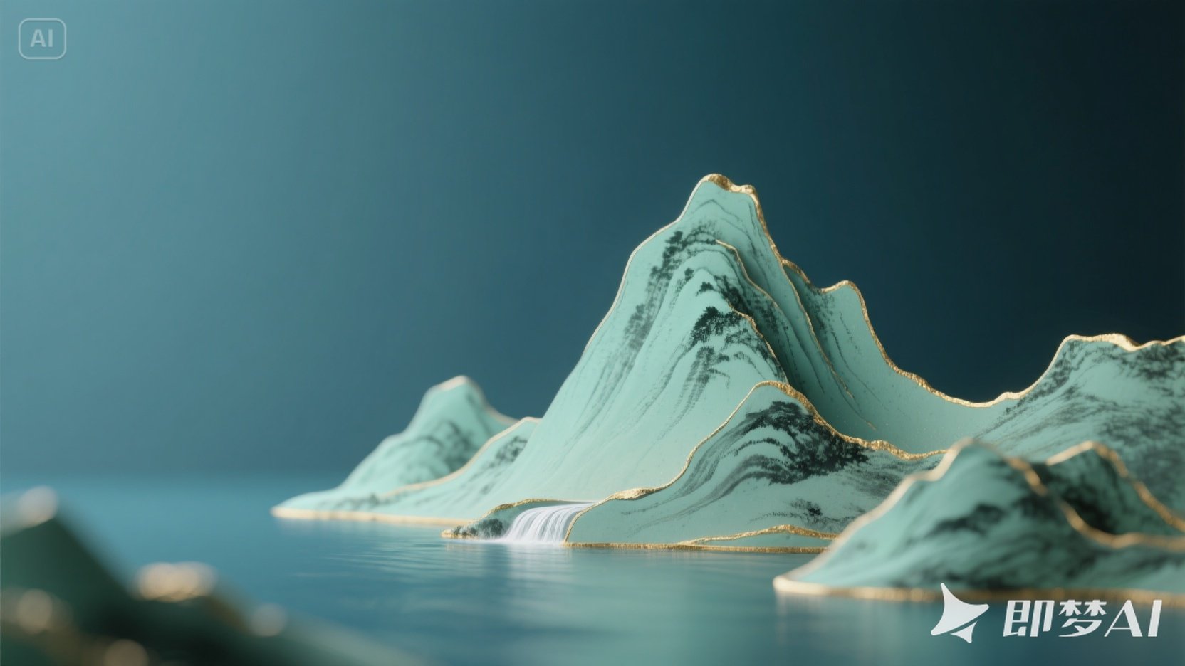 jimeng-2025-07-02-1919-轻奢主义，大面积的空白，山,透视美学，黛绿色，柔和的渐变色.jpeg