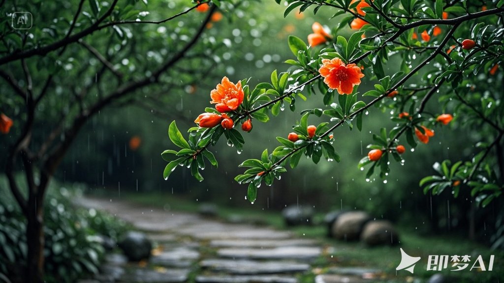 jimeng-2025-06-26-1062-春天，石榴花在春雨中轻轻摇动，树叶新绿，生机盎然，石榴花.jpeg