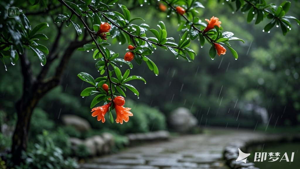 jimeng-2025-06-26-2279-春天，石榴花在春雨中轻轻摇动，树叶新绿，生机盎然，石榴花.jpeg