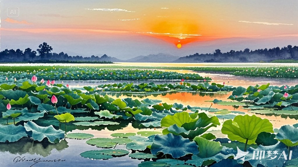 jimeng-2025-06-30-4207-日出江花红胜火，春来江水绿如兰，水彩，高质量的画面，更多.jpeg